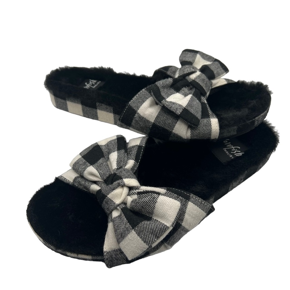NEW Blowfish Malibu Plaid Fur Lined Slip On Sandals Slides Gangnam Print Sz 8or9
